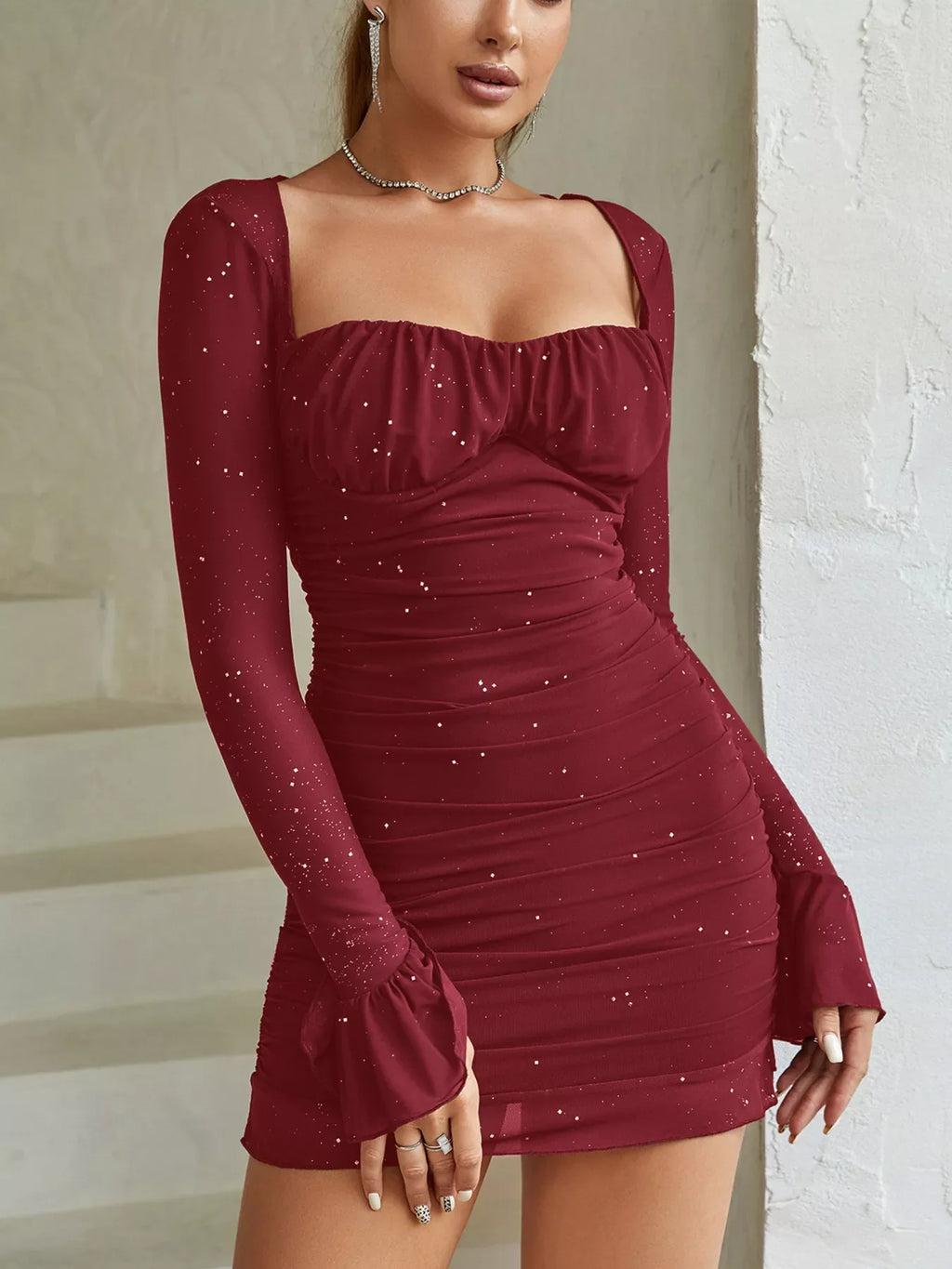 Ruched Glitter Bodycon Mini Dress – Jackyv